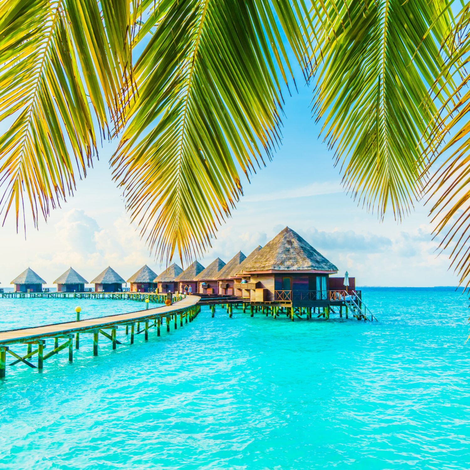 Beautiful tropical Maldives resort hotel and island with beach and sea on sky for holiday vacation background concept -Boost up color Processing